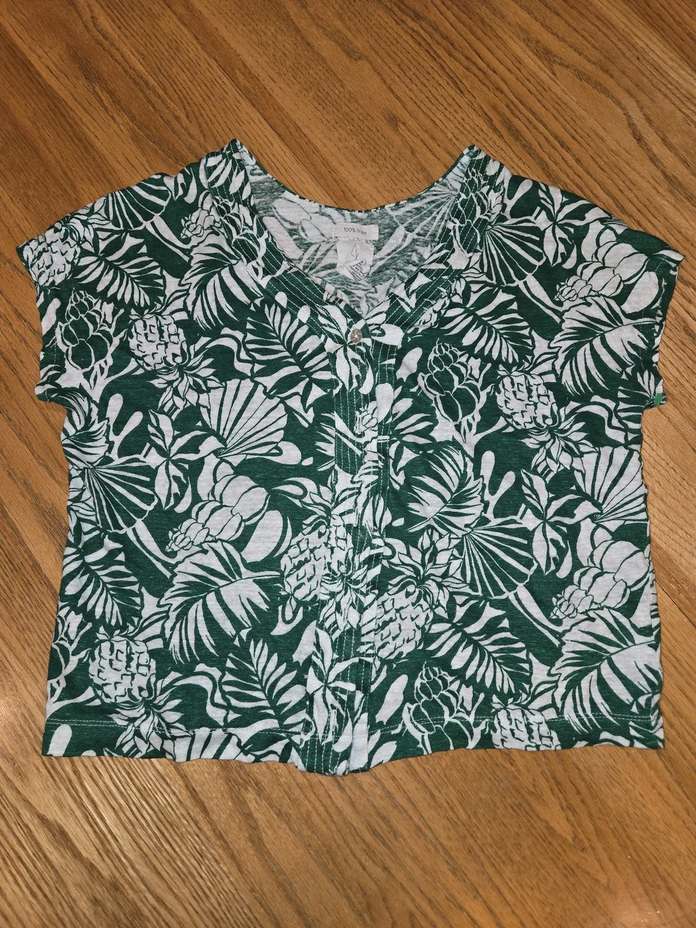 Joie 100% Linen Green White Floral V-Neck Short Sleeve Blouse Size S Coastal